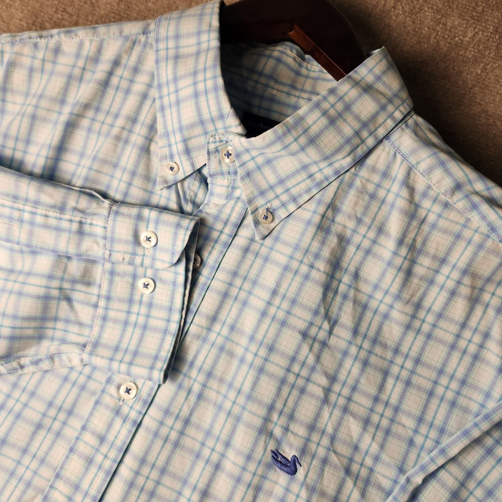 Southern Marsh Button Down Mens 2XL Blue White Plaid Wrinkle Free Long Sleeve